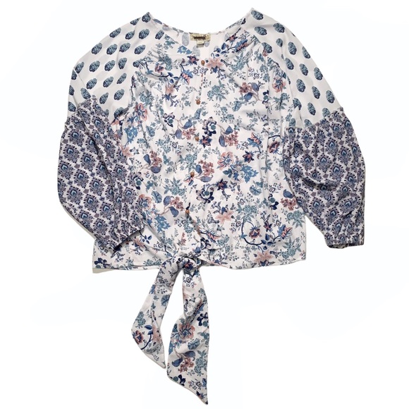 One World White Floral Tie Front Peasant Shirt NEW - Picture 2 of 9